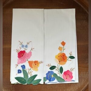 Set of Vintage Floral Embroidered White Napkins